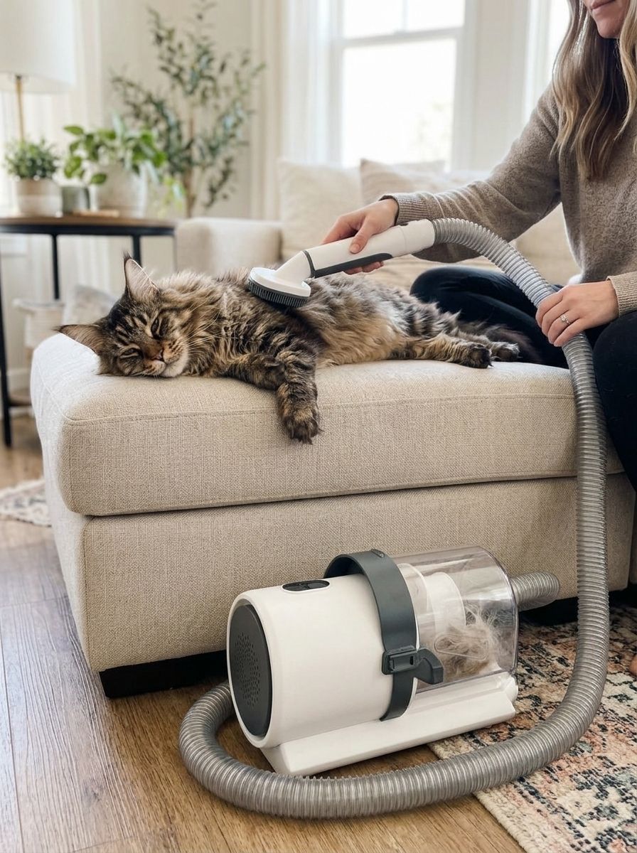 Maine Coon cat relaxing on the sofa while being brushed with the PetCraft brush