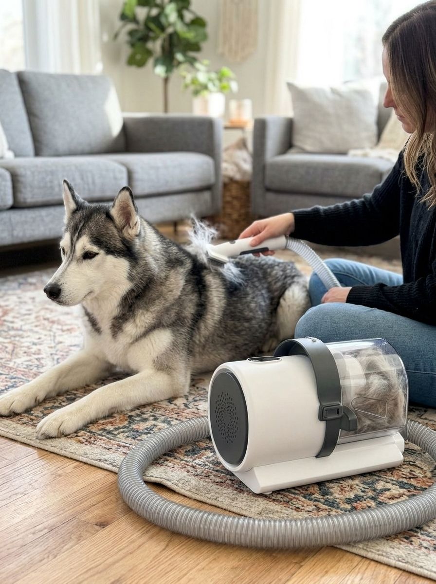 Owner deshedding a Siberian Husky, the PetCraft cup full of undercoat
