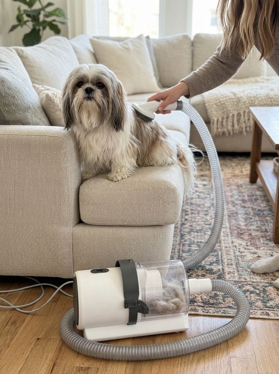 Owner brushing a Shih Tzu on the sofa with the PetCraft brush