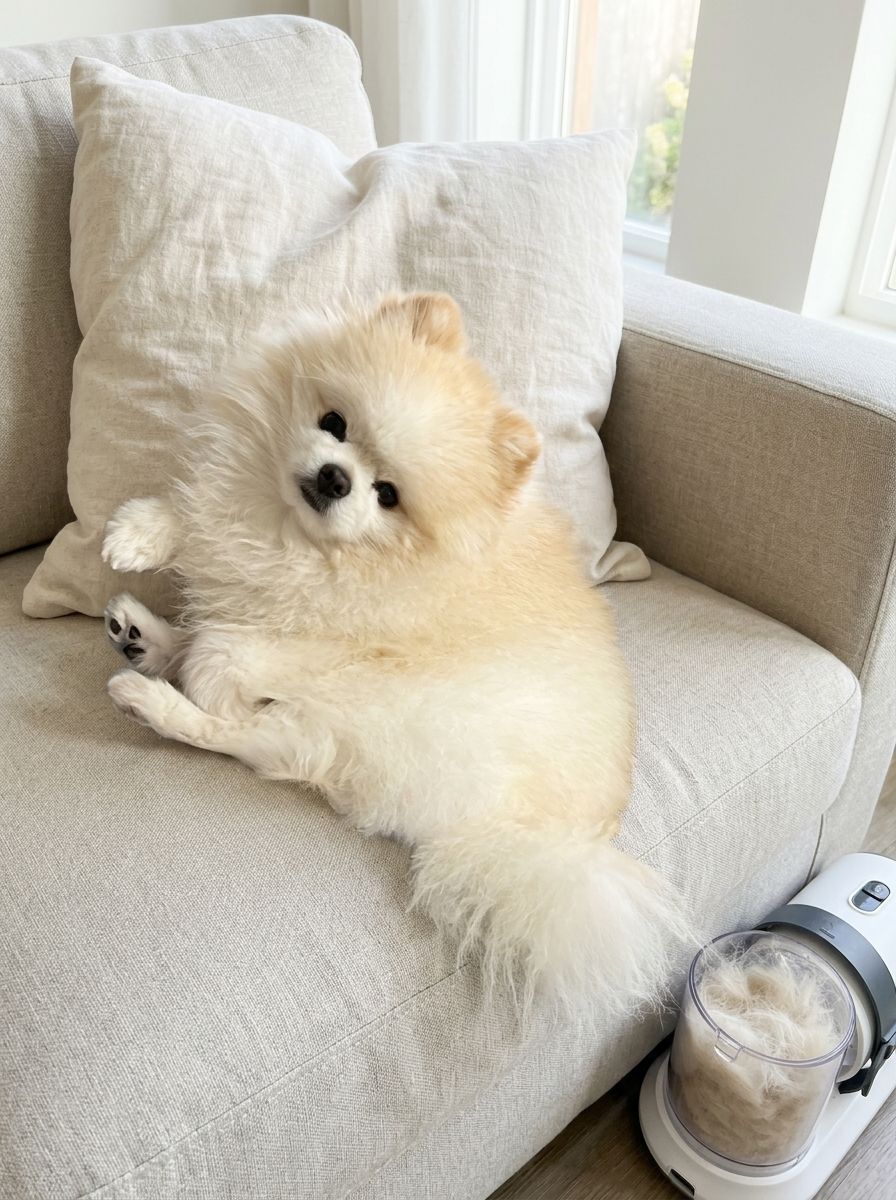 Cream Pomeranian lounging on a linen sofa, the PetCraft vacuum with a cup of its fur beside it