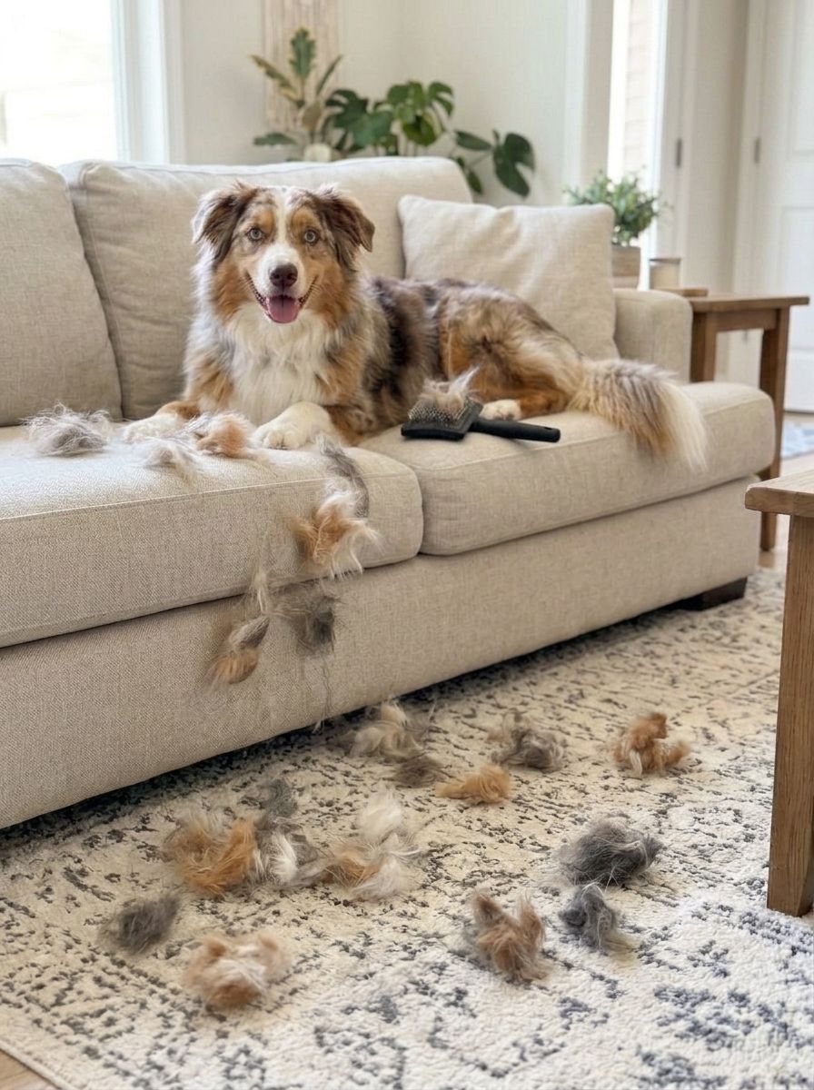 Brushing alone: loose fur on the sofa and the rug