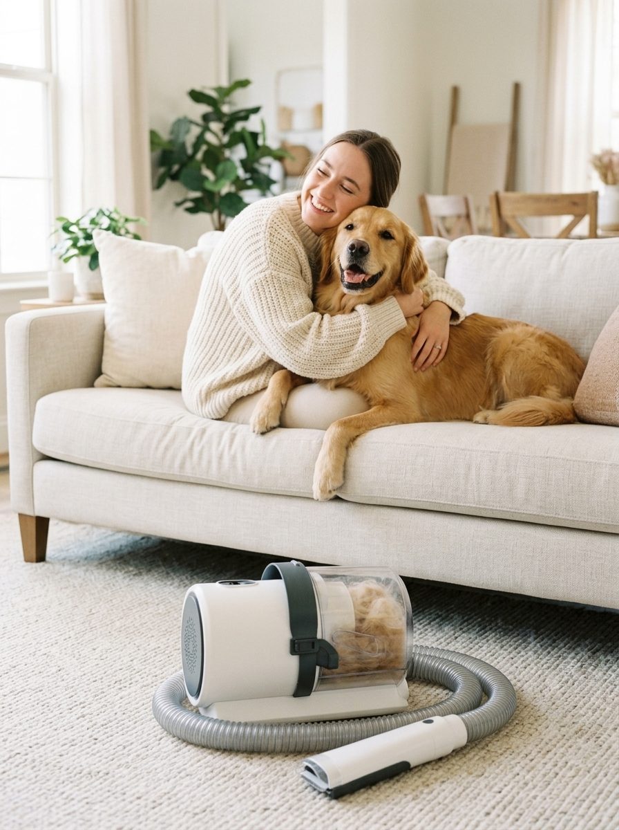 Owner hugging a golden retriever on the sofa, the PetCraft vacuum on the rug
