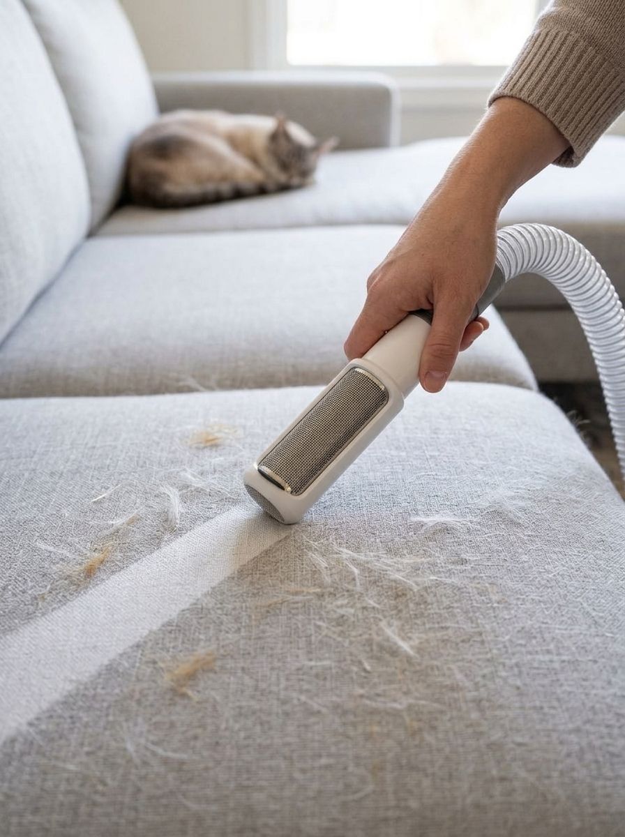 Fabric-care tool pulling pet fur off a grey sofa while a cat naps behind