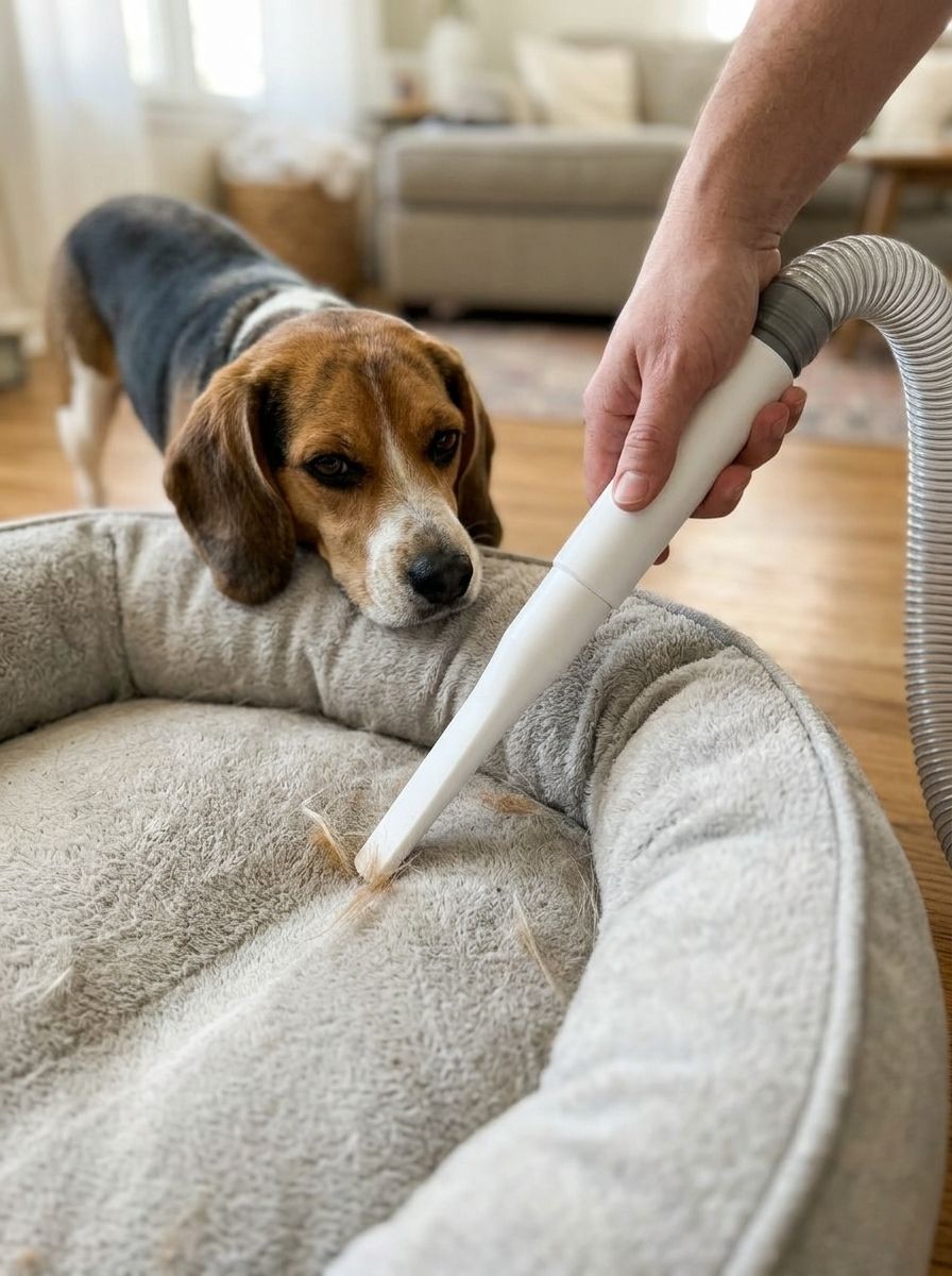 Detail nozzle lifting fur from a pet bed while a Beagle watches