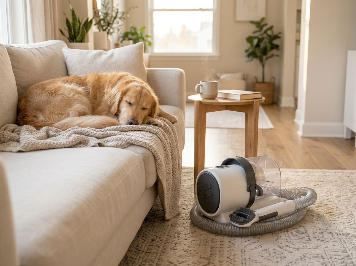 A golden retriever asleep on a clean sofa, the PetCraft vacuum tidied away on the rug