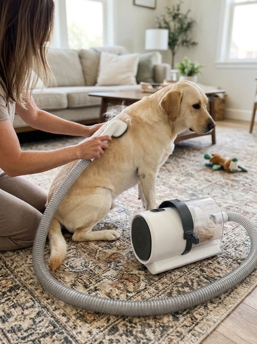 Owner brushing a Labrador with the PetCraft grooming brush, the vacuum beside them