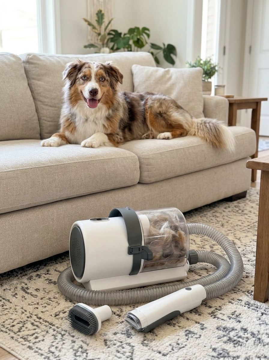 With PetCraft: clean sofa and rug, the clear cup full of collected fur