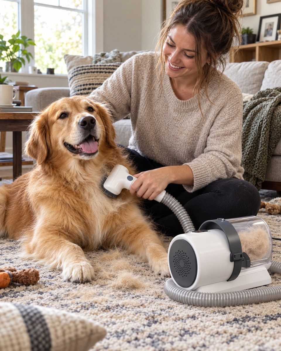 Smiling owner brushing a golden retriever while loose fur goes into the PetCraft vacuum