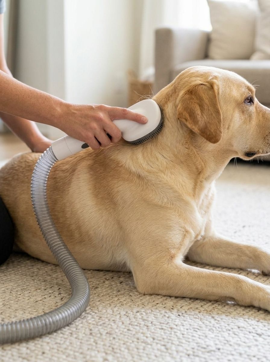 Owner brushing a Labrador with the PetCraft grooming brush, loose fur going up the hose