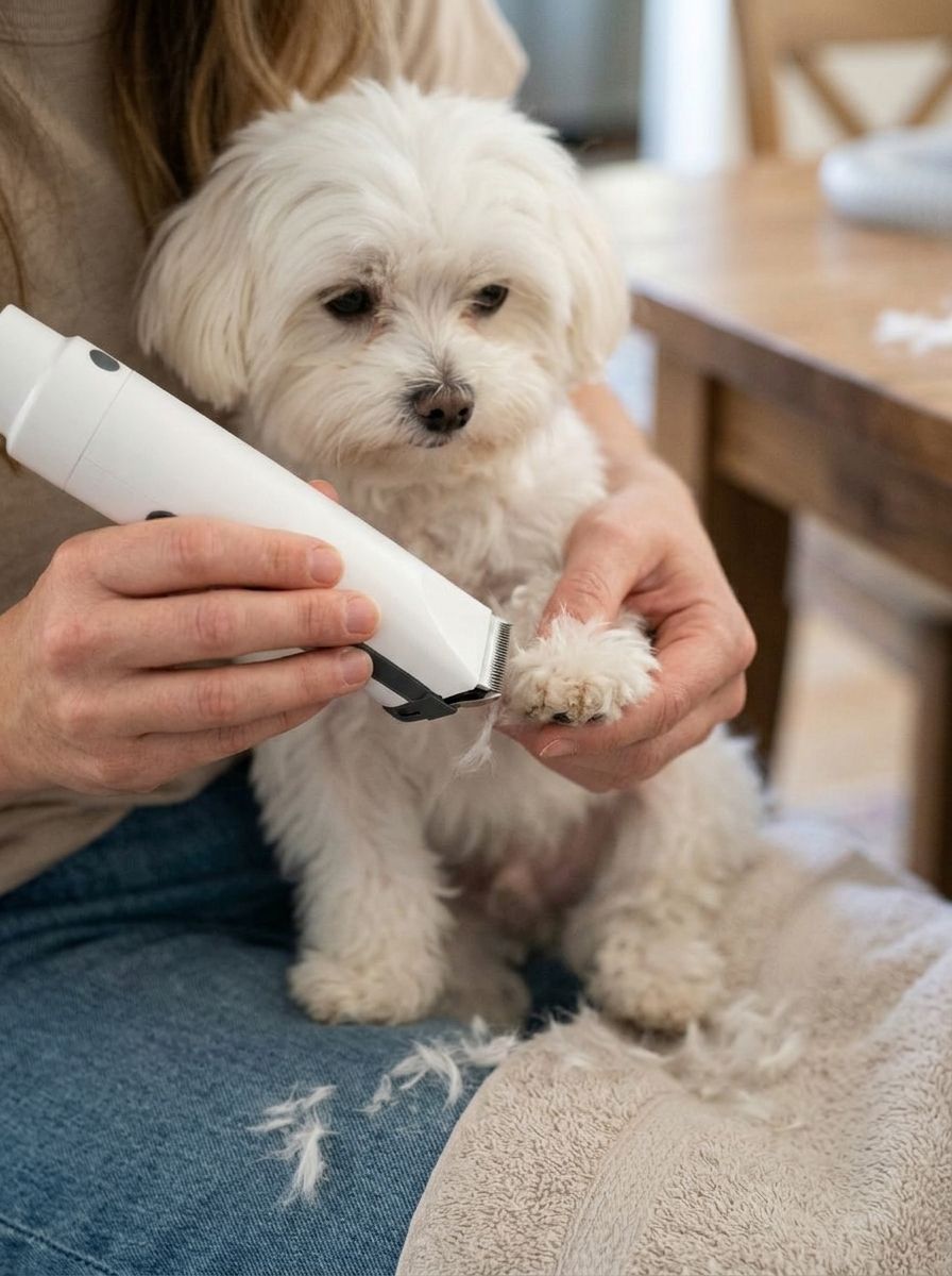Cordless clipper tidying the paw of a small white dog