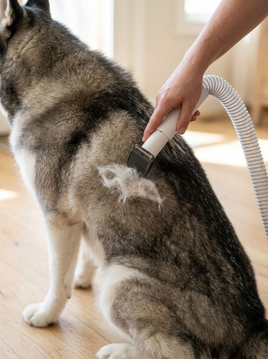 Deshedding tool pulling a tuft of loose undercoat from a Husky