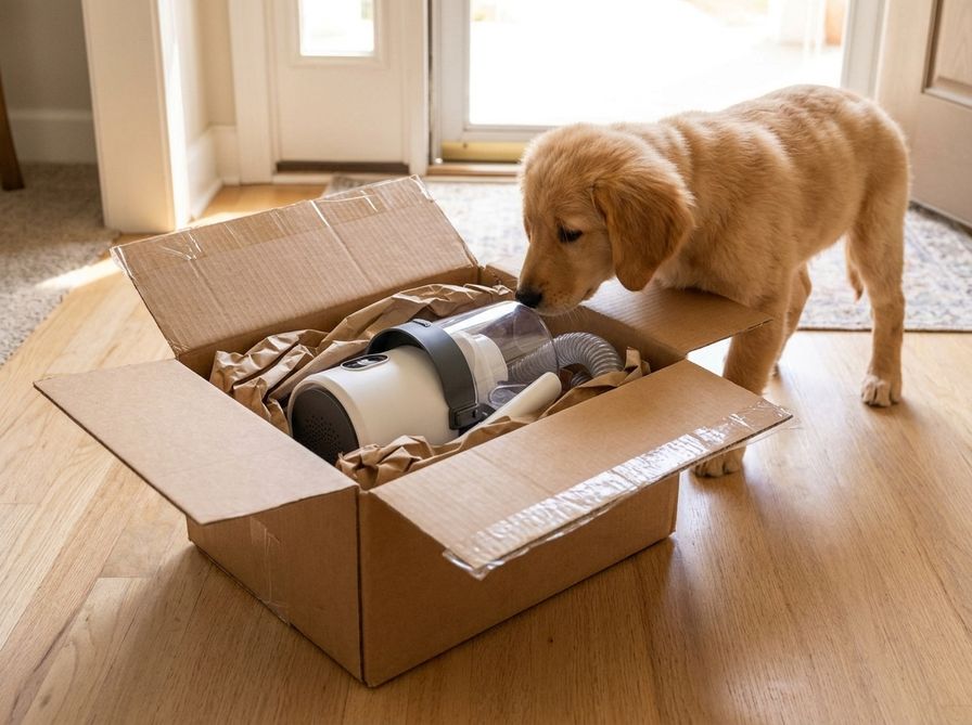 Golden retriever puppy sniffing a PetCraft vacuum in its open delivery box