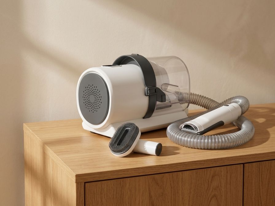 PetCraft grooming vacuum with its brush and hose on an oak sideboard